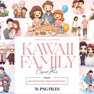Clipart familiar Kawaii, mamá hija papá hijo, personaje Chibi, clipart familiar feliz, pareja, regalo del Día del Padre