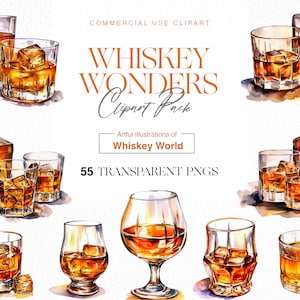 Whiskey Wonders: Collezione di clipart premium per whisky e cocktail ad acquerello, clipart di whisky, clipart di cocktail di whisky, clipart di alcol