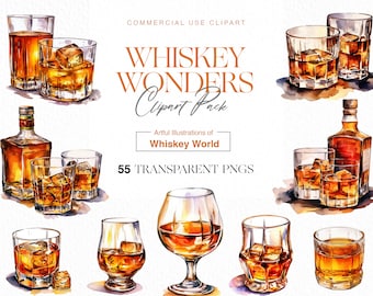 Clipart aquarel whisky: cocktailillustraties (digitale download)