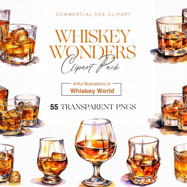 Whiskey Wonders: Premium Watercolor Whiskey & Cocktail Clipart Collection, Whiskey clipart, Whiskey cocktail clipart, Alcohol clipart