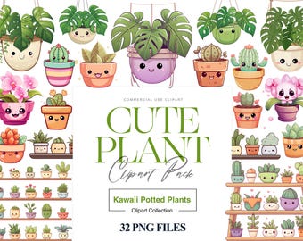 Cute Plant Clipart, House Plant, Kawaii Succulents, Cute Cactus Clipart, Pot Plant Clipart, Garden Flower PNG