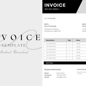 May include: A black and white invoice template with the text "INVOICE TEMPLATE Instant Download" and a stylized infinity symbol. The invoice includes a table with columns for description, quantity, price, and total. The invoice also includes payment information and terms and conditions.