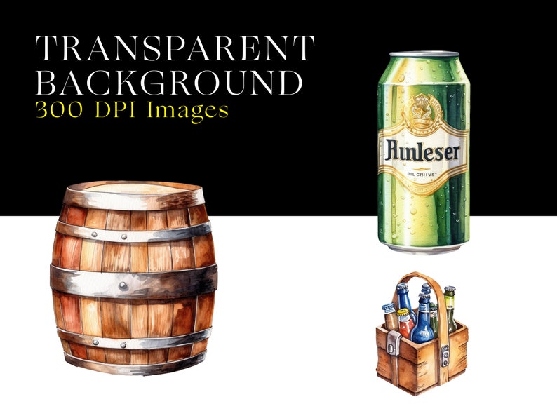 Op de afbeelding: Een aquarel-illustratie van een houten vat, een blikje bier met de tekst "Junleser" en een houten kist met zes flessen bier.
