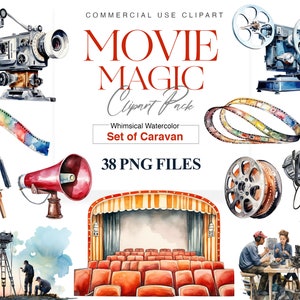 Imágenes Prediseñadas de película, teatro, palomitas de maíz, cámara PNG, película de acuarela, amantes del cine, arte de pared, imágenes prediseñadas de noche de cine