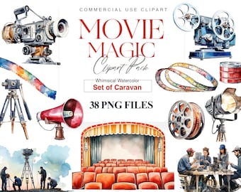 Movie Clipart, Theatre, Popcorn, Camera PNG, Watercolor Film,  Cinema Lovers, Wall Art, Movie Night Clipart