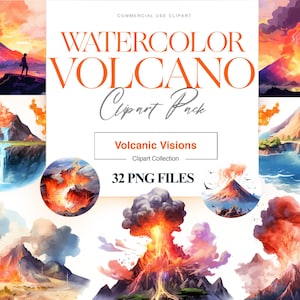 Watercolor Volcano Clipart, Erupting Volcano PNG, Lava, Fire Graphics, Volcanic Mountain Scenery, Volcano Art