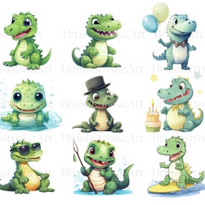 Op de afbeelding: Negen cartoonillustraties van groene en blauwe alligators in verschillende poses. De alligators dragen hoeden, zonnebrillen en houden voorwerpen vast zoals een verjaardagstaart, een surfplank en een hengel.