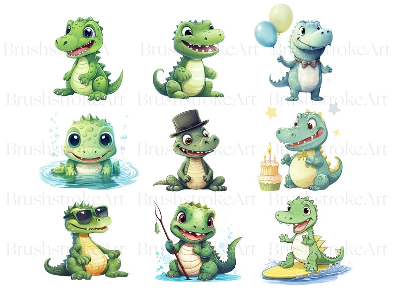 Op de afbeelding: Negen cartoonillustraties van groene en blauwe alligators in verschillende poses. De alligators dragen hoeden, zonnebrillen en houden voorwerpen vast zoals een verjaardagstaart, een surfplank en een hengel.
