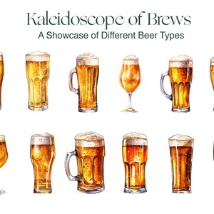 Op de afbeelding: Een aquarel-illustratie van 10 verschillende soorten bier in verschillende glazen en kannen. De titel "Kaleidoscope of Brews: A Showcase of Different Beer Types" staat bovenaan de afbeelding.