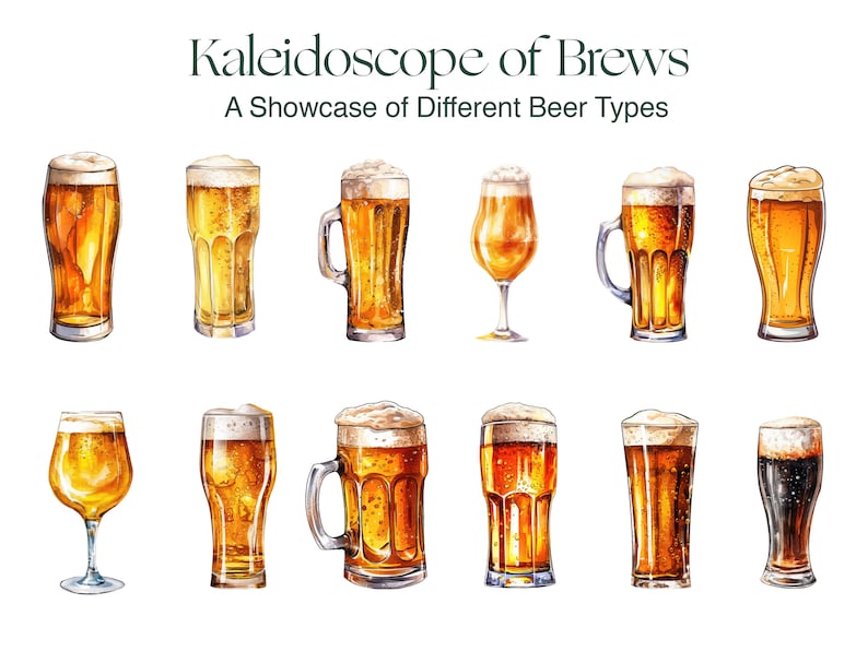 Op de afbeelding: Een aquarel-illustratie van 10 verschillende soorten bier in verschillende glazen en kannen. De titel "Kaleidoscope of Brews: A Showcase of Different Beer Types" staat bovenaan de afbeelding.