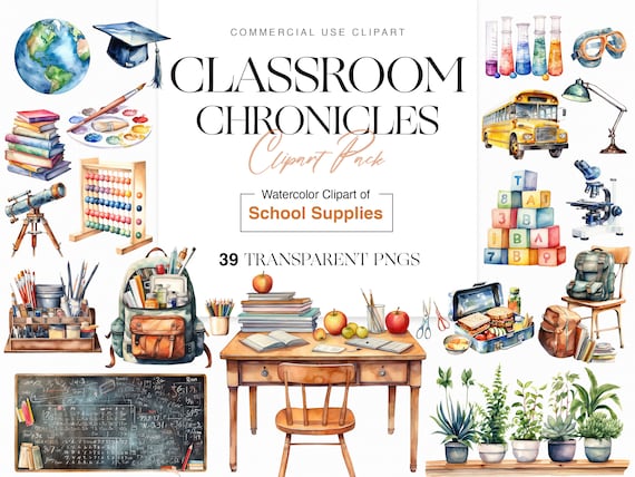 Watercolor Classroom Clipart, Back to School Graphics, Backpack, School bus, Chalkboard, Teacher Supplies
