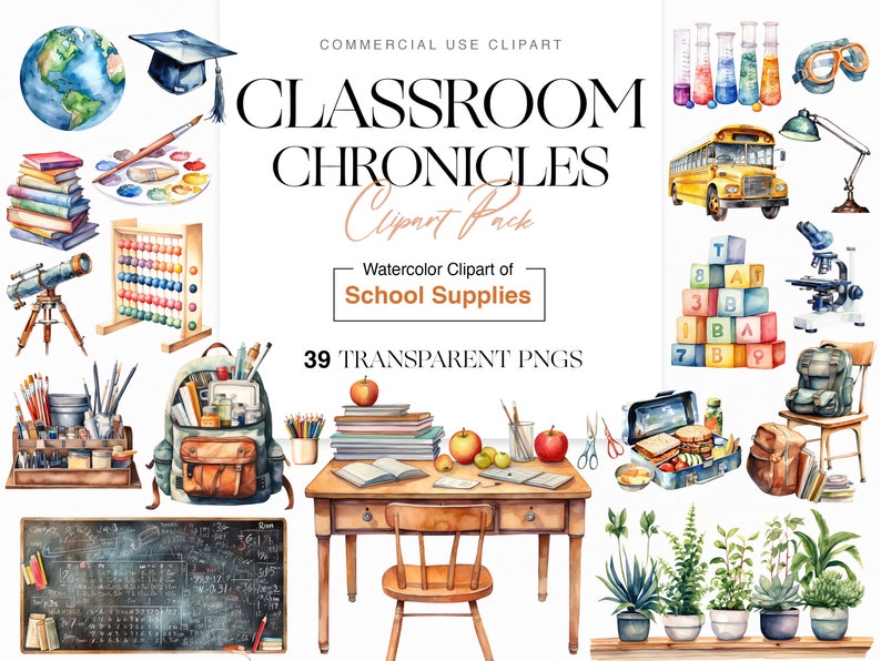 Pu&ograve; includere: Set di clipart ad acquerello di forniture scolastiche, tra cui un globo terrestre, uno zaino, una scrivania, una sedia, una lavagna, una tavolozza di colori, un telescopio, un abaco, una scatola per il pranzo, un microscopio, un autobus, provette, una lampada, blocchi di costruzione e piante. Il set include 39 file PNG trasparenti.