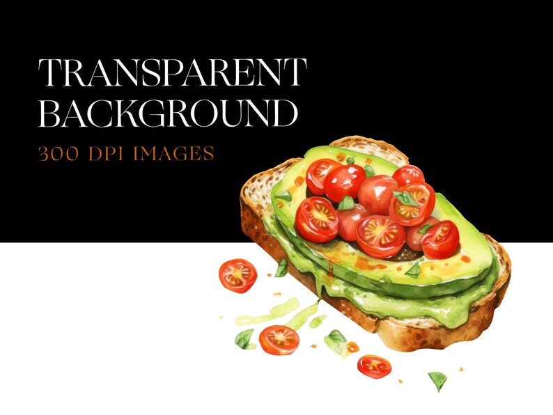 Op de afbeelding: Waterverfillustratie van avocado toast met kerstomaatjes. De toast is belegd met plakjes avocado en gehalveerde kerstomaatjes. De afbeelding bevat de tekst "TRANSPARENT BACKGROUND" en "300 DPI IMAGES".
