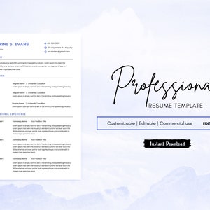 May include: A professional resume template with a blue and white color scheme. The template is customizable, editable, and for commercial use. The text "Professional Resume Template" is written in a cursive font. The template is available for instant download and can be edited in Canva.