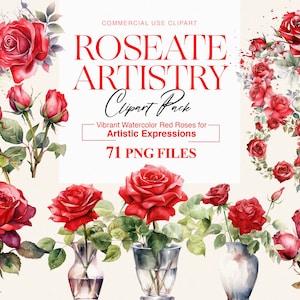 Watercolor Rose Flower Clipart, Red Roses, Valentines, Anniversary, Vintage Rose, Illustrations, Rose PNG