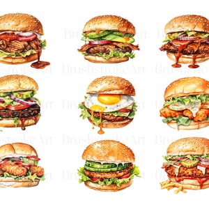 Op de afbeelding: Negen aquarel illustraties van verschillende gourmetburgers. Elke burger heeft een unieke toppingcombinatie, waaronder avocado, gebakken ei, kipnuggets en augurken. De burgers zijn allemaal op witte broodjes met sesamzaad.