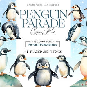 Clipart de pingüino acuarela, pingüino bebé PNG, barbijo, ilustración de pingüino emperador, Navidad de animales árticos