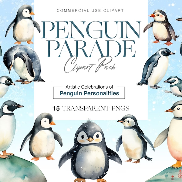 Watercolor Penguin Clipart, Baby Penguin PNG, Chinstrap, Emperor Penguin Illustration, Arctic Animal Christmas