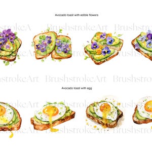 Op de afbeelding: Waterverfillustraties van avocado toast met eetbare bloemen en gebakken eieren. De toast is belegd met plakjes avocado, paarse bloemen en een lopende eidooier. De tekst "Avocado toast with edible flowers" en "Avocado toast with egg" is zichtbaar.