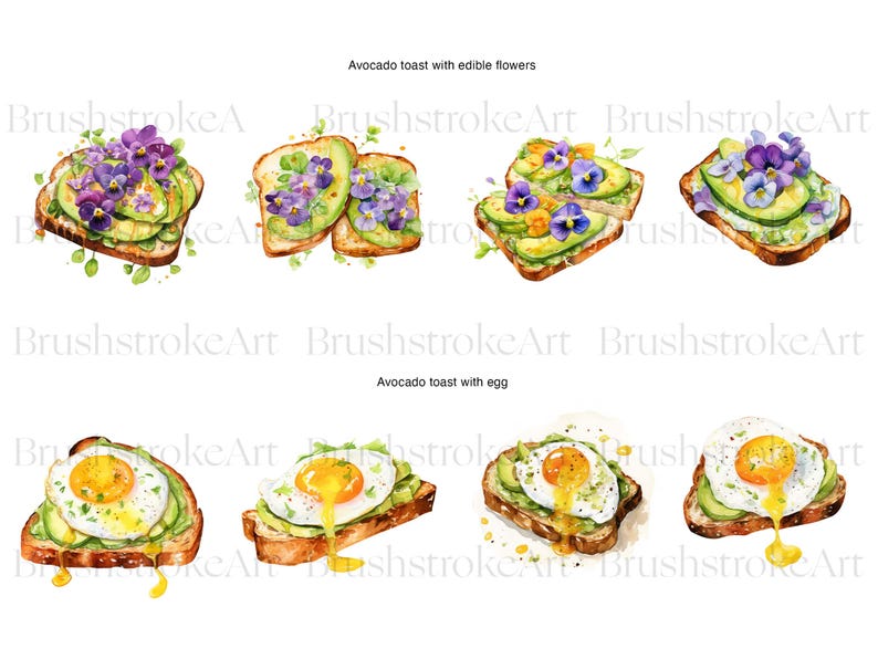Op de afbeelding: Waterverfillustraties van avocado toast met eetbare bloemen en gebakken eieren. De toast is belegd met plakjes avocado, paarse bloemen en een lopende eidooier. De tekst "Avocado toast with edible flowers" en "Avocado toast with egg" is zichtbaar.