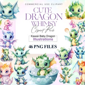 46 schattige Dragon Clipart, Kawaii aquarel Dragon PNG-afbeeldingen, Baby Dragon, Fantasy Dragon Art, Baby Shower Art