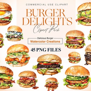 Op de afbeelding: Een set van 45 aquarel illustraties van verschillende hamburgerontwerpen. De hamburgers zijn afgebeeld in een realistische stijl met kleurrijke toppings en broodjes. De tekst "Burger Delights Clipart Pack" wordt boven de afbeeldingen weergegeven.