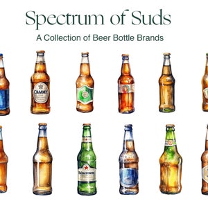 Op de afbeelding: Een aquarelillustratie van 12 verschillende bierflesmerken. De flessen zijn gerangschikt in twee rijen van zes. De flessen zijn allemaal in verschillende kleuren en hebben verschillende etiketten. De titel "Spectrum of Suds" en "A Collection of Beer Bottle Brands" staat boven de flessen.