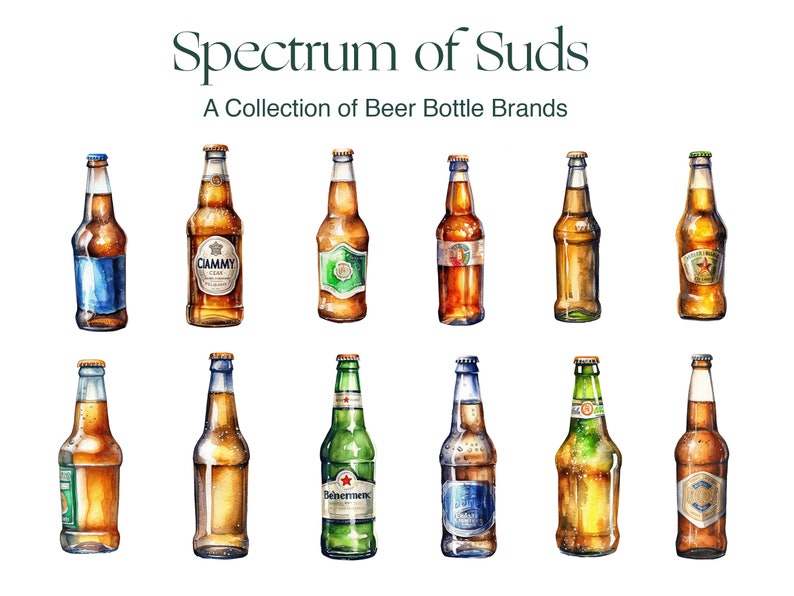 Op de afbeelding: Een aquarelillustratie van 12 verschillende bierflesmerken. De flessen zijn gerangschikt in twee rijen van zes. De flessen zijn allemaal in verschillende kleuren en hebben verschillende etiketten. De titel "Spectrum of Suds" en "A Collection of Beer Bottle Brands" staat boven de flessen.