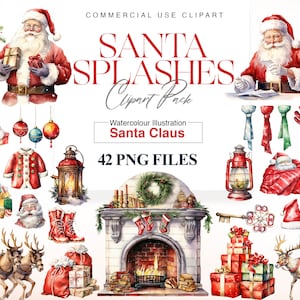 Watercolor Santa Claus Clipart, Christmas Tree, Ornaments, Decoration, Winter Watercolor, Snowman, Santa PNG
