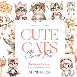 Clipart di gatti carini ad acquerello, gatto fiore, divertente, clipart di gattino da tazza da tè, immagini di gatti Cottage Core, gattino felice
