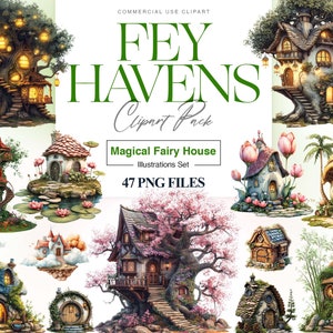 Clipart maison de fée aquarelle, champignon mignon, conte de fées, fée magique, champignon vénéneux, maison de fleurs kawaii