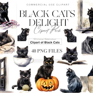 Clipart acquerello gatto nero, gattino PNG, download istantaneo, simpatico gattino nero PNG, arte della parete, gattino in tazza da tè