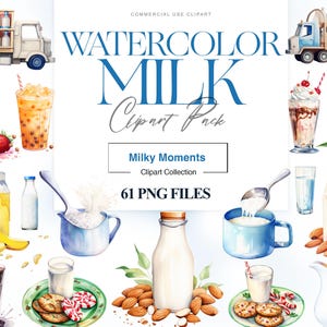 Watercolor Milk Clipart, Chocolate Milk and Cookie, Glass of Milk PNG, Dairy Clipart, Almond Milk, Milkshake