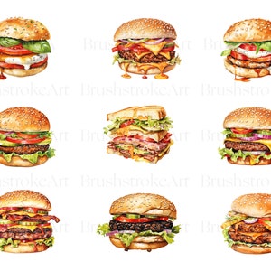 Op de afbeelding: Negen aquarel illustraties van verschillende soorten hamburgers. De hamburgers zijn allemaal op witte broodjes en hebben verschillende toppings, waaronder sla, tomaat, kaas, ui, augurken en spek.