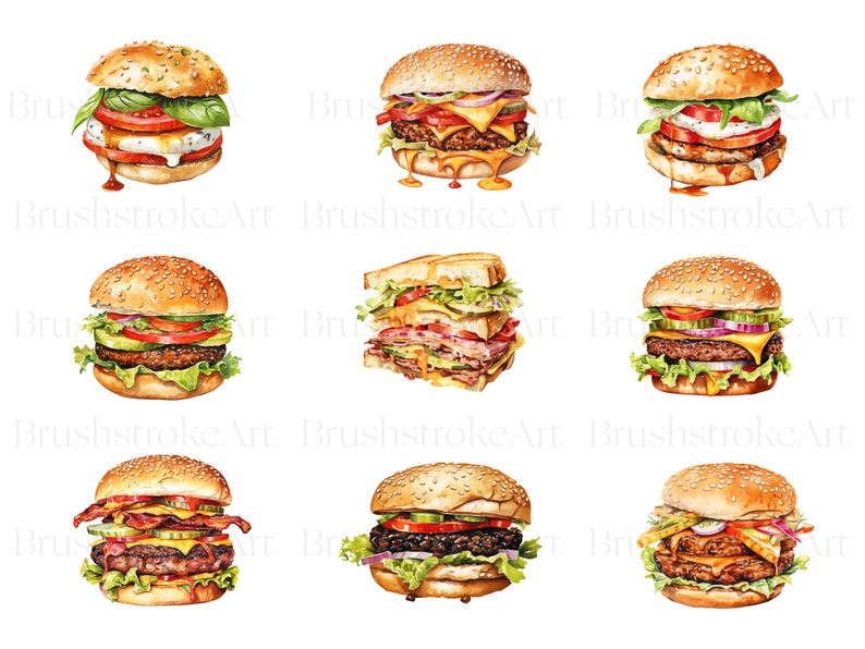 Op de afbeelding: Negen aquarel illustraties van verschillende soorten hamburgers. De hamburgers zijn allemaal op witte broodjes en hebben verschillende toppings, waaronder sla, tomaat, kaas, ui, augurken en spek.