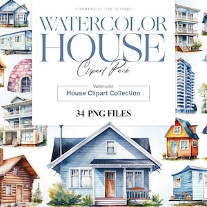 Watercolor Houses Clipart, Cottage Clipart, Townhouse Clipart, Mansion Clipart, Cute House, Housewarming Gift