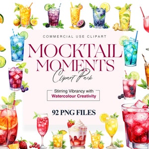 Pacchetto di clipart Mocktail Moments: 92 PNG digitali ad acquerello, illustrazioni di cocktail stampabili ad alta risoluzione, illustrazioni di mocktail