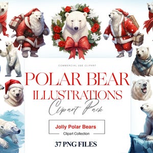 Polar Bear Clipart, Cute Baby Bear Christmas Animal, White Bear, Christmas Hat PNG, Arctic Bear Print Graphic