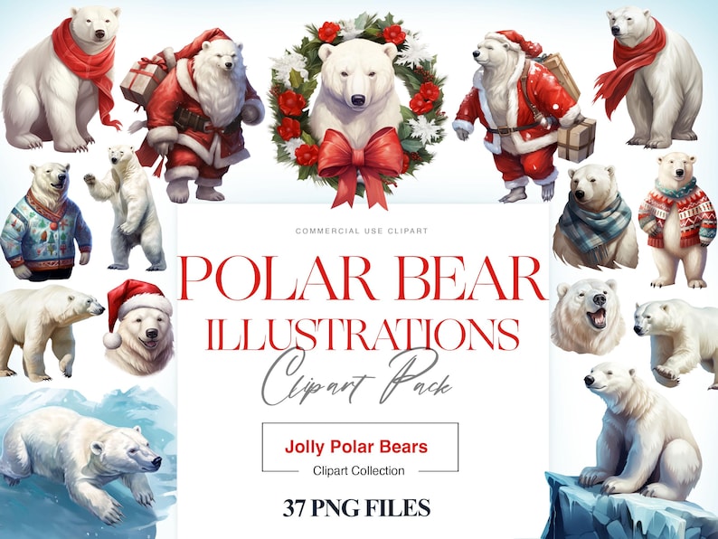 Polar Bear Clipart, Cute Baby Bear Christmas Animal, White Bear