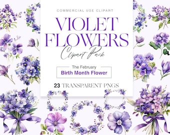 Watercolor Violet Flower, February Birth Month Flower, Violet Bouquet, Wreath, Wedding Decor, Floral PNG