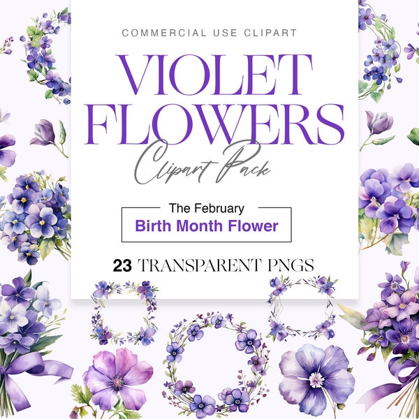 Watercolor Violet Flower, February Birth Month Flower, Violet Bouquet, Wreath, Wedding Decor, Floral PNG