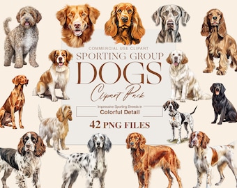 Vibrant Sporting Dogs Watercolour Clipart - High-Quality Digital Illustrations for Dog-Themed Designs, Watercolour dogs clipart