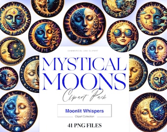 Mystical Moon Clipart, Celestial Sun, Moon PNG, Magical Moon, Printable Crescent Moon Download, Moon Images