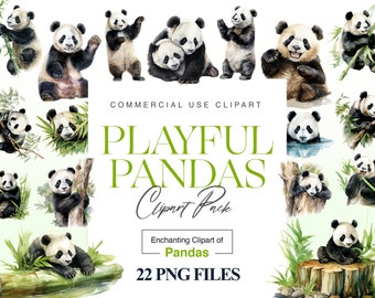 Watercolor Panda Clipart, Playful Panda PNG Illustrations (Digital Download)