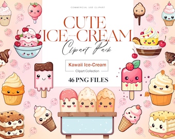 Cute Ice Cream Clipart, Strawberry Ice Cream, Kawaii, Happy Ice Cream Cone, Dessert Clipart, Cute Popsicle