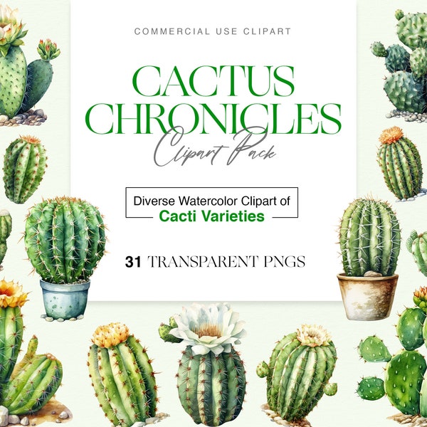 Cactus Watercolour Clipart, Cactus Illustrations, Cactus Chronicles Clipart Pack - Assorted Watercolour Illustrations of Diverse Cacti