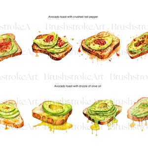 Op de afbeelding: Waterverfillustraties van avocado toast. Sommige plakjes zijn belegd met gemalen rode peper, andere met olijfolie. De tekst luidt "Avocado toast with crushed red pepper" en "Avocado toast with drizzle of olive oil".