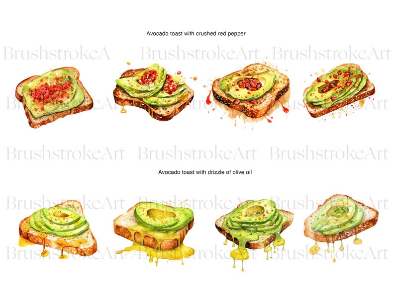 Op de afbeelding: Waterverfillustraties van avocado toast. Sommige plakjes zijn belegd met gemalen rode peper, andere met olijfolie. De tekst luidt "Avocado toast with crushed red pepper" en "Avocado toast with drizzle of olive oil".