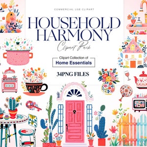 Puede incluir: Un conjunto de 34 imágenes de clipart digital que presentan ilustraciones coloridas de artículos para el hogar, que incluyen una casa, una estufa, una tetera, una taza de café, un televisor, una cerca, una planta y una mesa. El clipart es perfecto para crear proyectos digitales, como tarjetas de felicitación, invitaciones y gráficos para redes sociales.