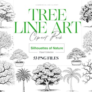 May include: A set of 53 black and white line art tree illustrations. The trees are in various styles, including palm trees, bonsai trees, and deciduous trees. The illustrations are perfect for use in digital or print projects.